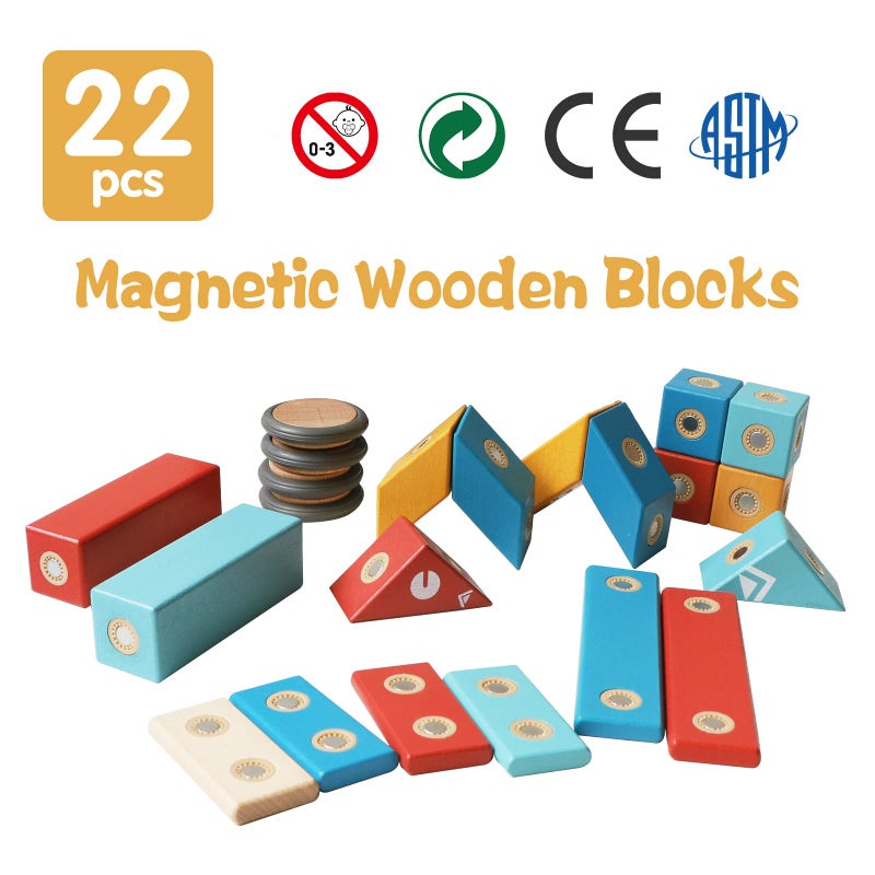 Magblock Magnetic Wooden Blocks Set, 22 Pieces STEM Travel Creativity Magnet Block Toys for 3 4 5 Year Old Age Girls Boys - Image 4